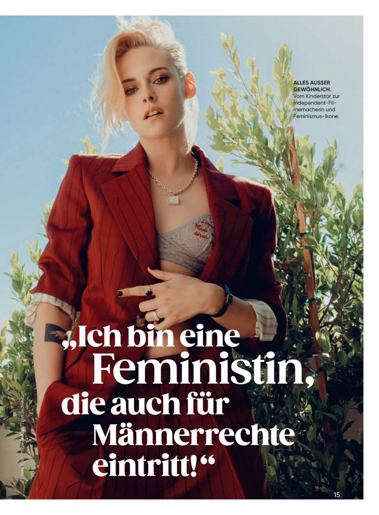 Kristen Stewart in red pinstripe suit for Maxima November 2025 photoshoot