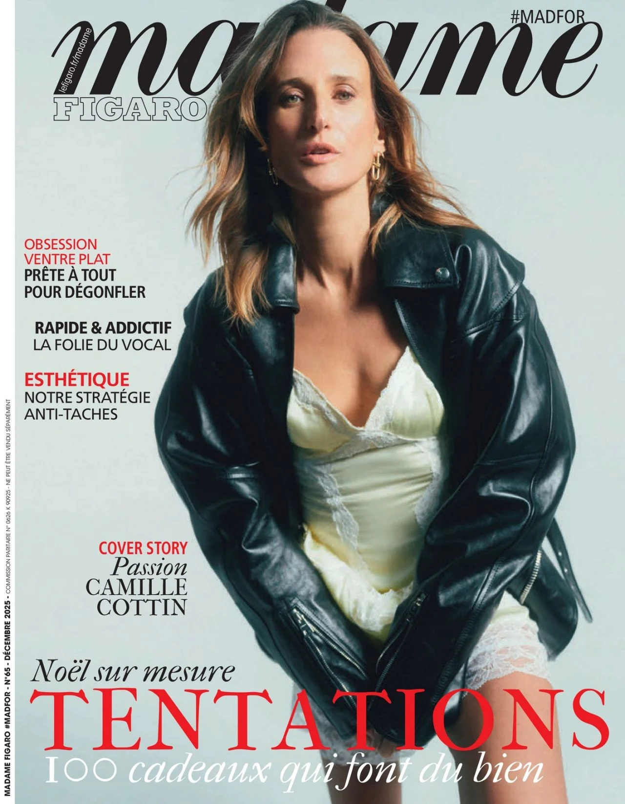 Camille Cottin in lace trimmed dress and black leather jacket for Madame Figaro cover