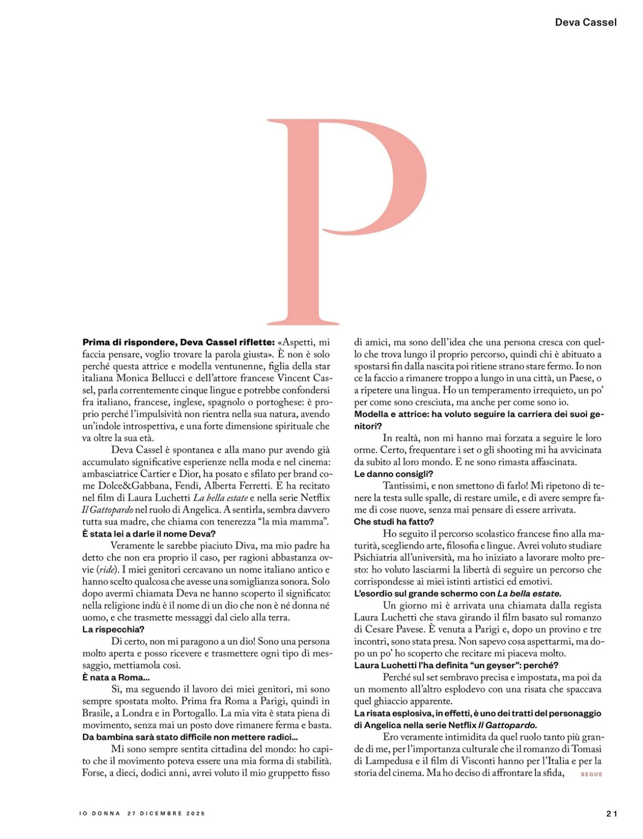 Deva Cassel in Dior for Io Donna Editorial December 2025