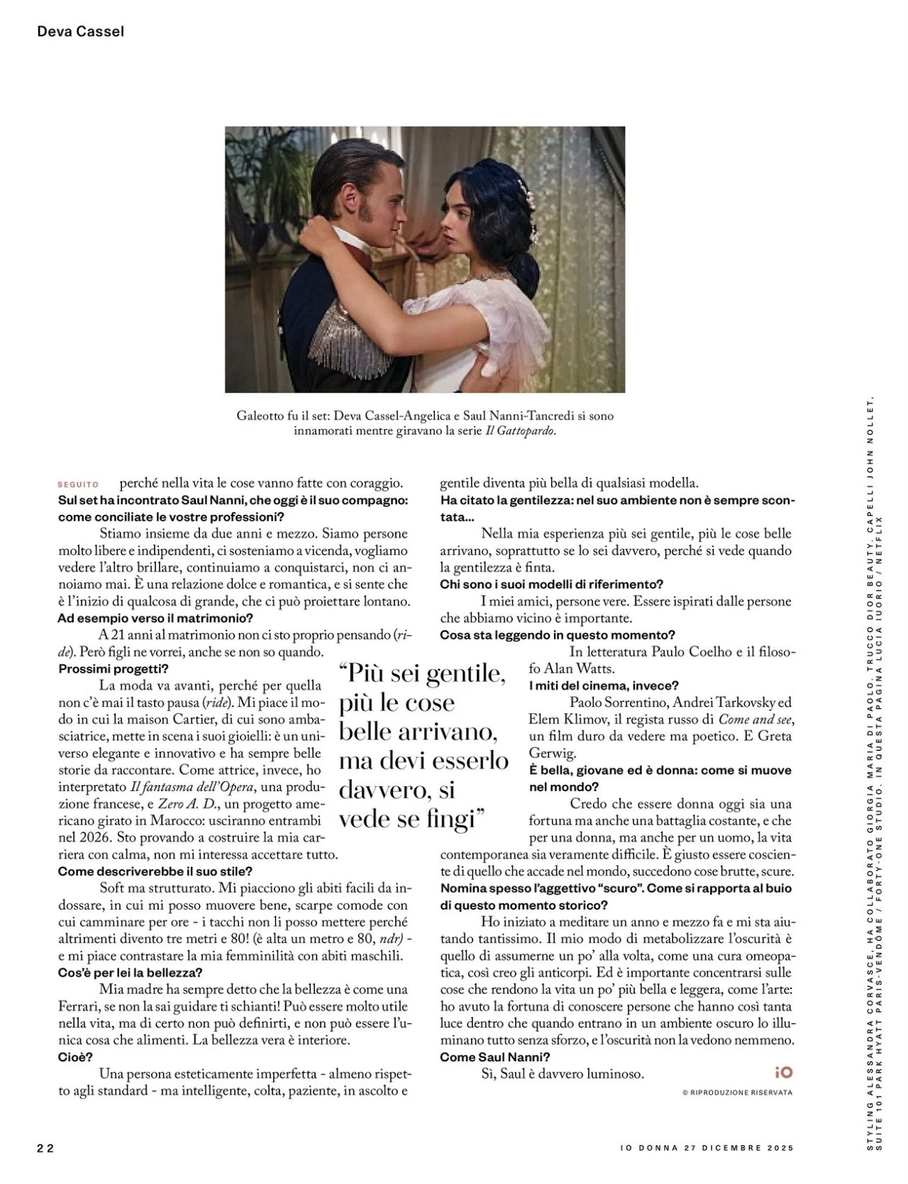 Deva Cassel in Dior for Io Donna Editorial December 2025