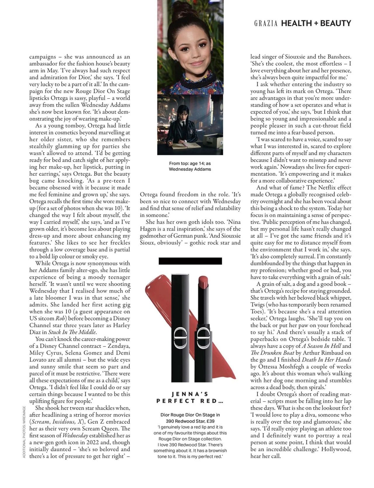 Jenna Ortega wearing Dior Beauty makeup in Grazia UK editorial