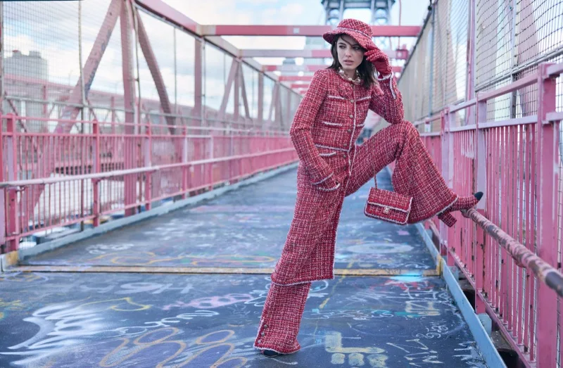 Carla Rey wearing tailored Chanel look in urban Vogue Czechoslovakia editorial