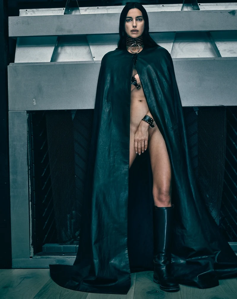 Irina Shayk in black leather Ferragamo coat for V Magazine Spring Preview 2026