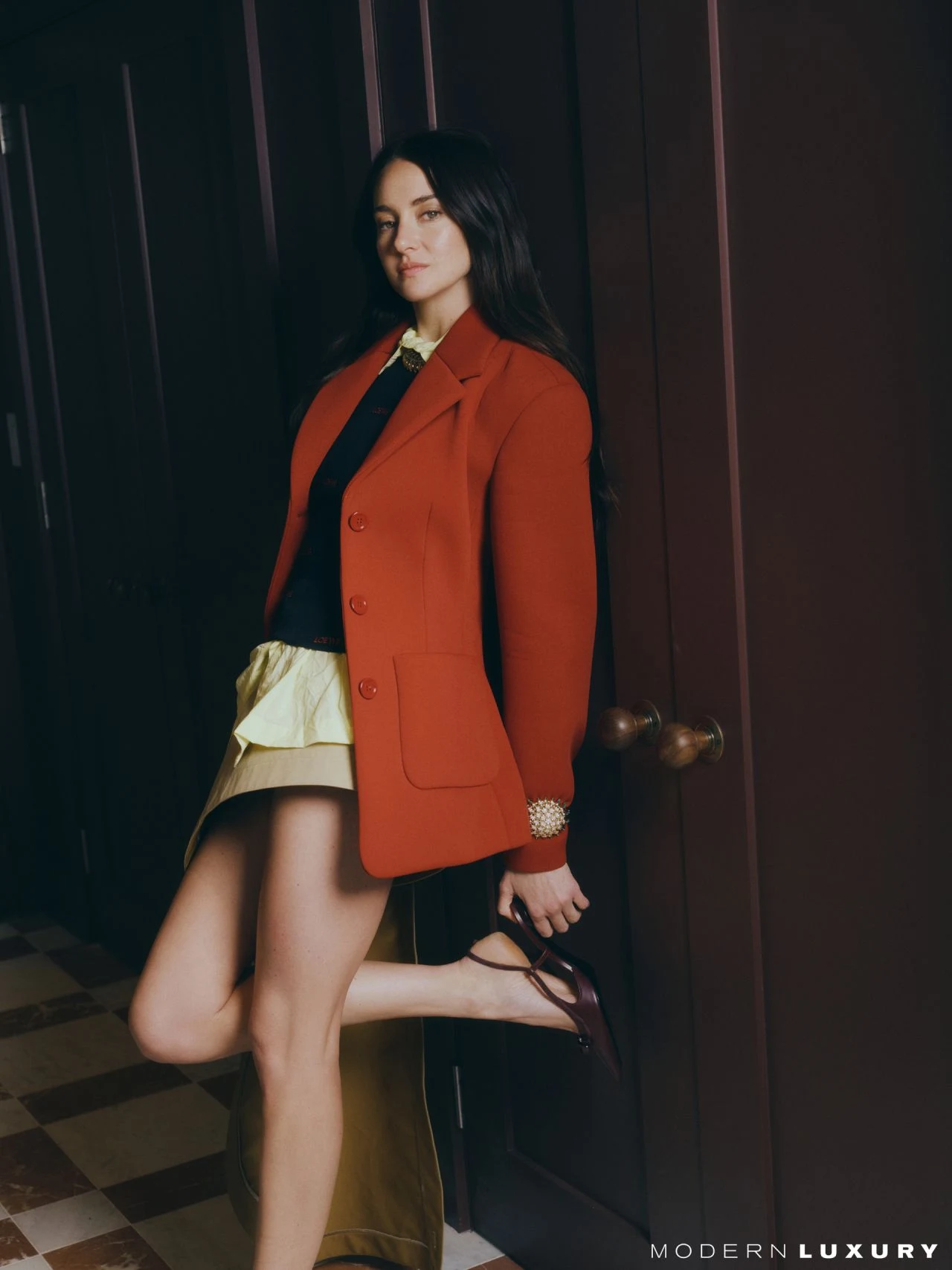 Shailene Woodley in a red blazer with layered skirt for Modern Luxury feature