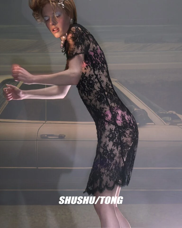 Model wearing black lace dress in SHUSHU/TONG Spring Summer 2026 campaign