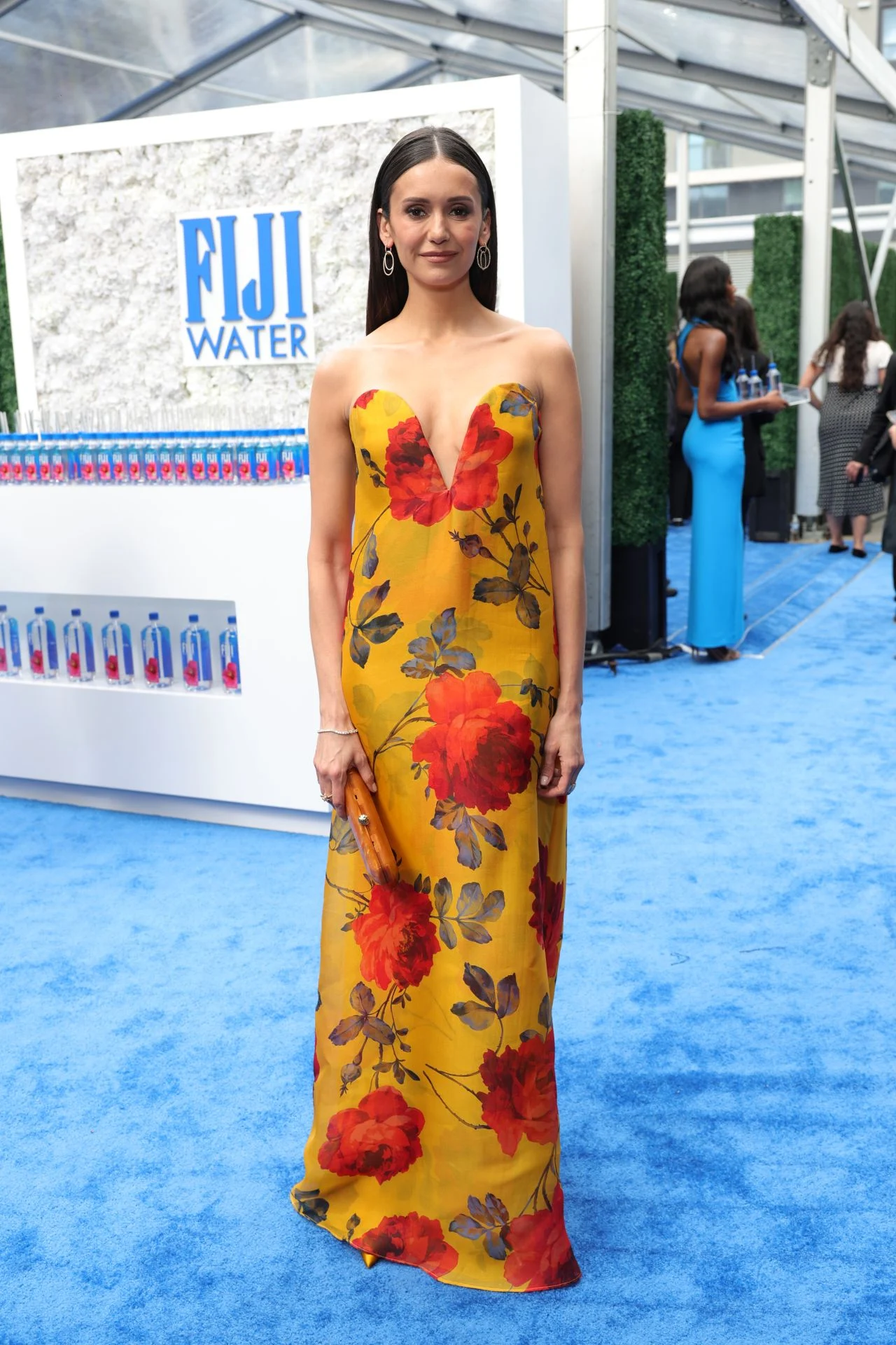 Nina Dobrev strapless plunge neckline floral dress