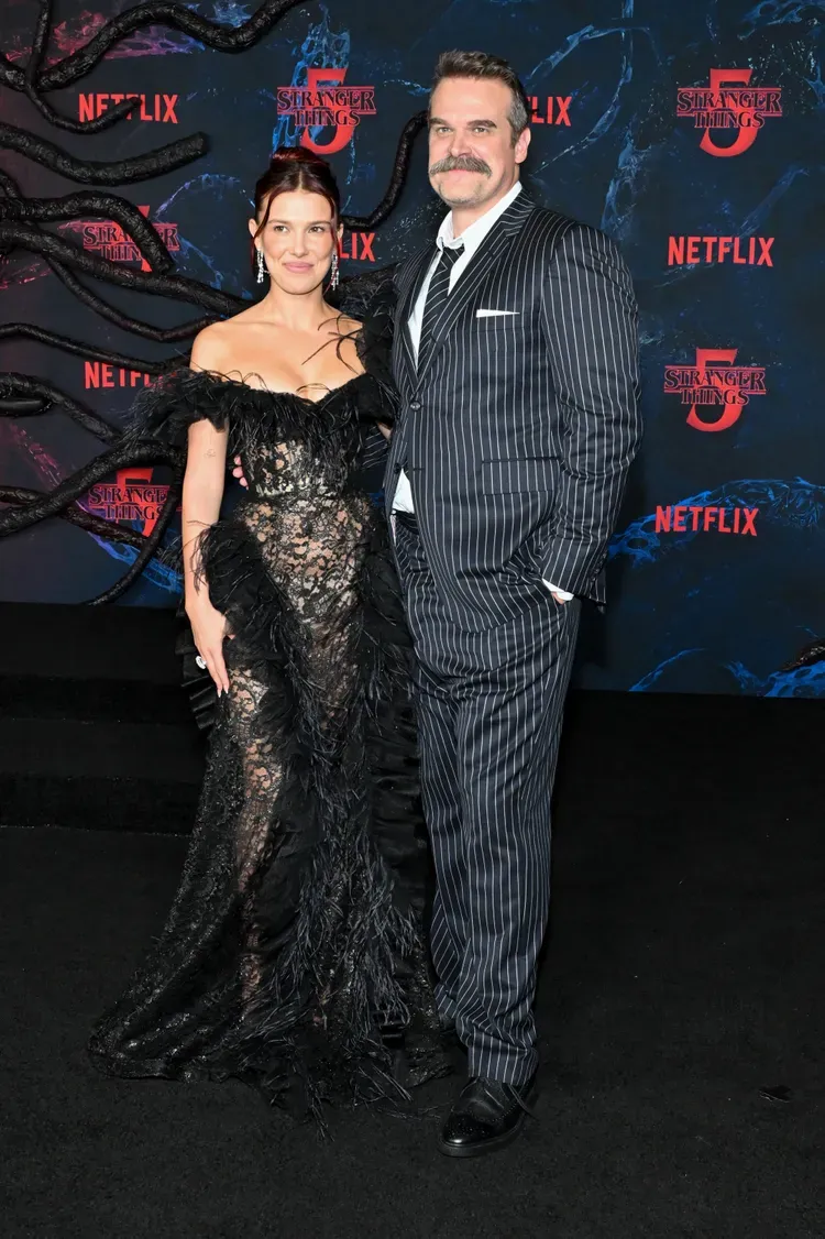 Millie Bobby Brown in sheer black Rodarte lace gown at Stranger Things Season 5 premiere in Los Angeles