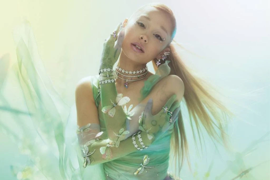 Ariana Grande green sheer outfit crystal butterfly accessories