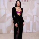 Dua Lipa Bvlgari gala velvet black dress plum bust detail