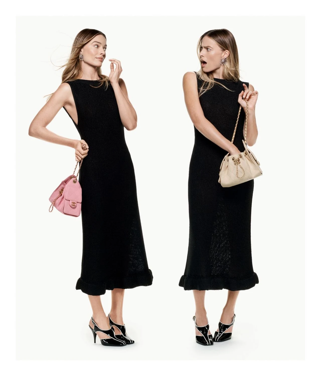 Margot Robbie Fronting the Chanel 25 Handbag Campaign in a Black Knit Dress