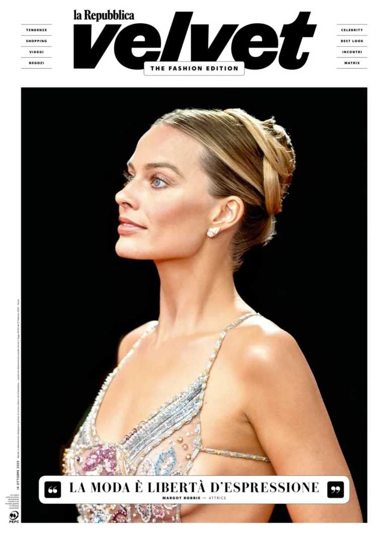 Margot Robbie on Velvet October 2025 cover in embellished gown