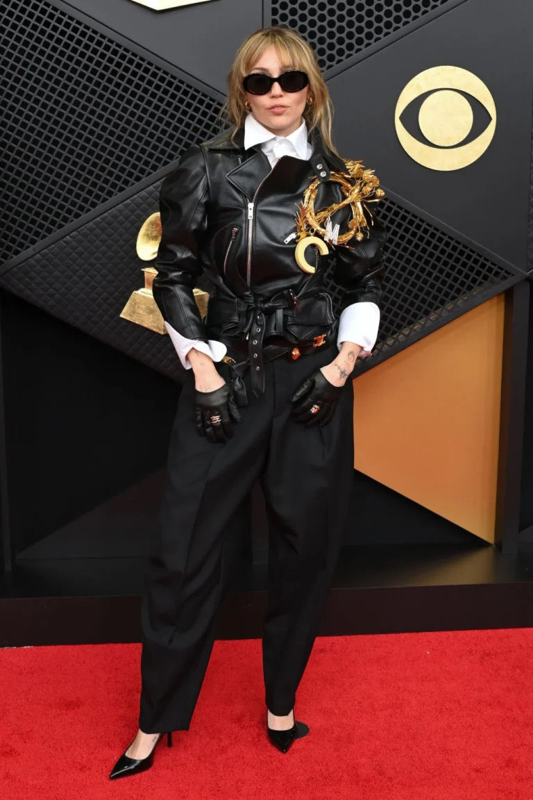 Miley Cyrus wearing a custom black Celine leather moto outfit at the 2026 Grammy Awards in Los Angeles