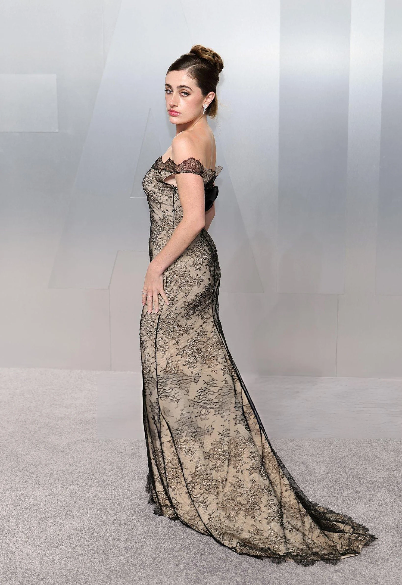 Rachel Sennott off shoulder lace dress Oscars after party