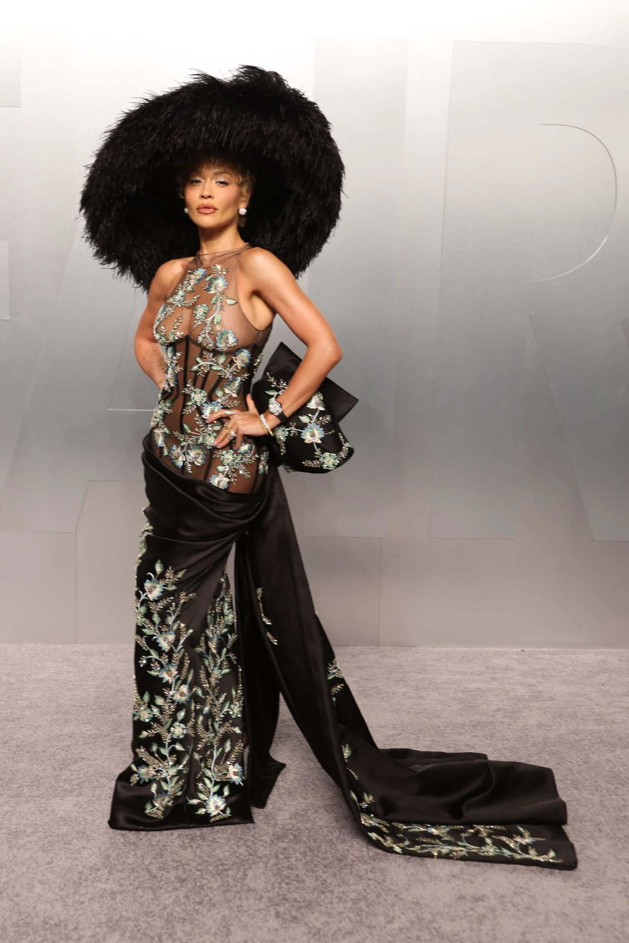 Rita Ora feather headpiece Tamara Ralph dress Oscars after party