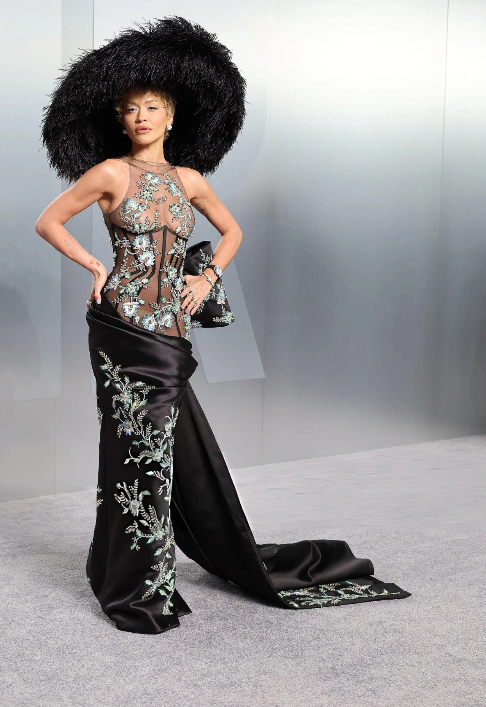 Rita Ora sheer embroidered corset gown Vanity Fair Oscars look